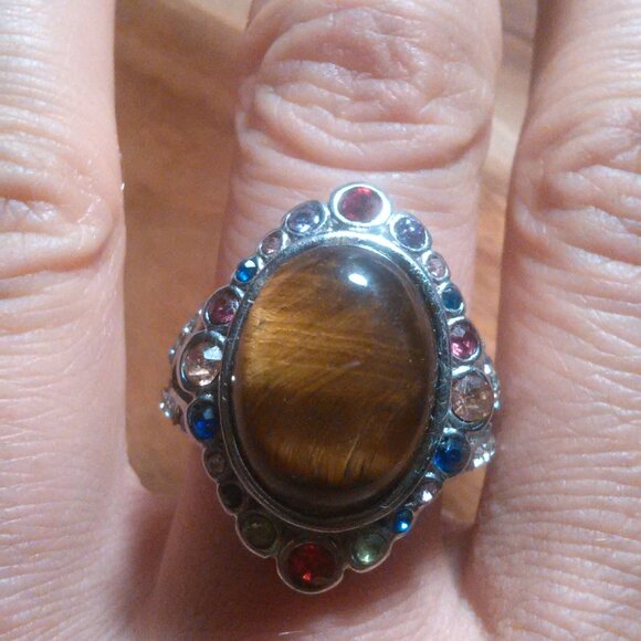 Tiger's Eye and Austrian Crystal Stainless Steel Ring (Size 9) - Picture 10 of 16